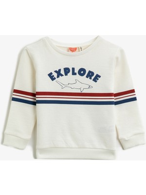 Koton Baskili Pamuklu Bisiklet Yaka Uzun Kollu Sweatshirt