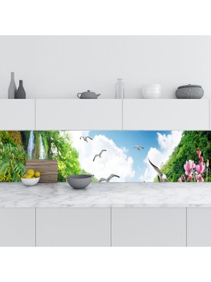 Sticker Art Mutfak Tezgah Arası Folyo Fayans Kaplama Folyosu Şelale Kuşlar Çiçek 60 x 400  cm