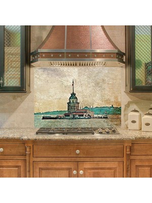 Sticker Art Mutfak Duvar Tezgah Arası Ocak Arkası Sticker Kaplama Kız Kulesi Vintage