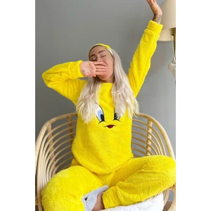 Pijama Evi Sarı Kuş Desenli Tam Peluş Pijama Takımı