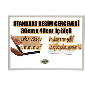 MİXEFOR Boş Çerçeve - 30CM x 40CM Iç Ölçü -Renk BEYAZ -Arka Yüzey 3mm Mdf-  Ön yüzey  Kırılmaz  parlama yapmayan Antireflektif