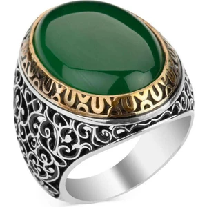 Zümrüdüanka Model Büyük Yeşil Akik Taşlı Gümüş Erkek Yüzük