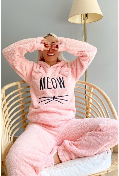 Pijamaevi Meow Desenli Tam Peluş Pijama Takımı