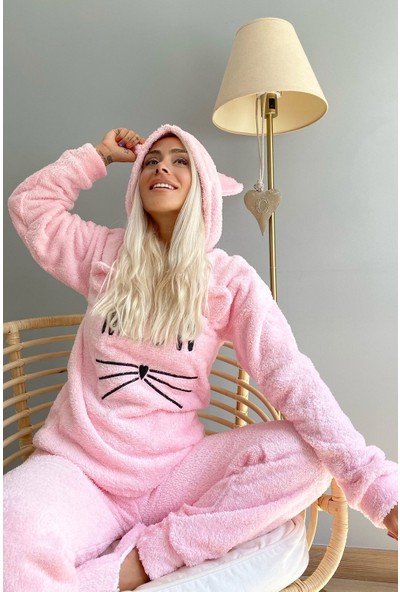 Pijama Evi Meow Desenli Tam Peluş Pijama Takımı