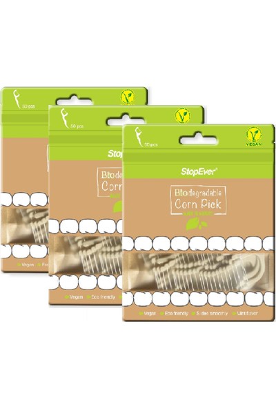 Stopever Biodegradable Corn Pick-Vegan Kürdanlı Diş Ipi -3x50 Adet