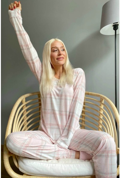Pijama Evi Pembe Ekose Baskılı Uzun Kol Kadın Pijama Takımı