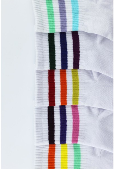 Trick or Treat 5'li Paket Farklı Renklerde 3 Çizgili Yarım Konç Kadın Beyaz Çorap