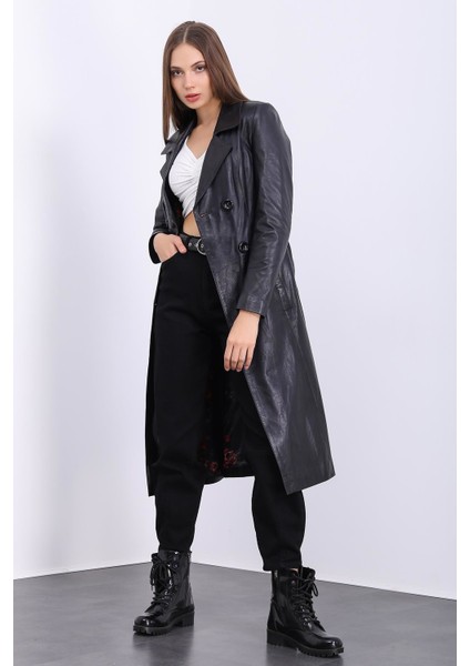 Kadın Siyah Deri Trençkot