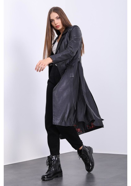 Kadın Siyah Deri Trençkot fiyatları