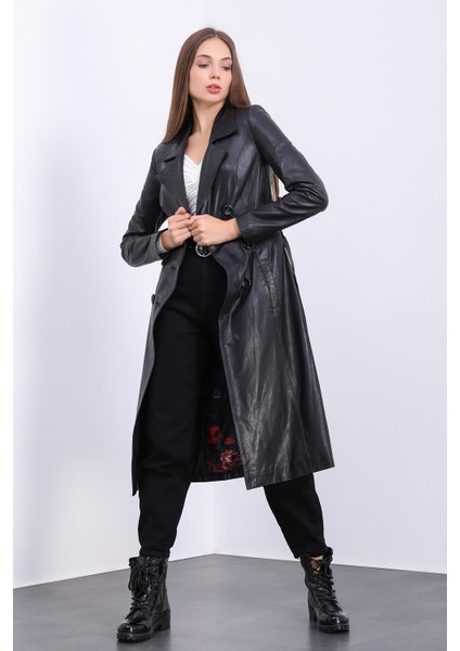 Kadın Siyah Deri Trençkot modelleri