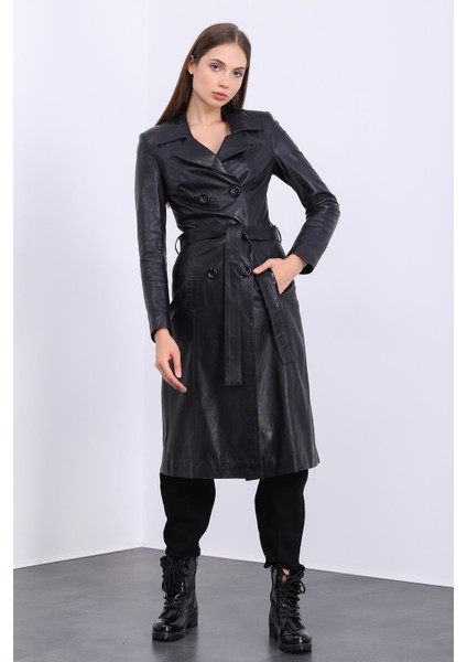 Kadın Siyah Deri Trençkot fırsatları