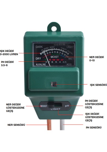 Zauss 3lü Toprak Ph Ölçer Nem Ölçer Işık Ölçer Pilsiz Toprak Test Aleti