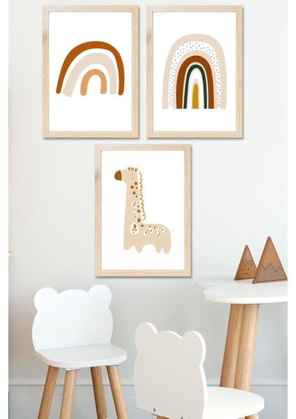 Zoo Ahşap Rengi Çerçeveli 3 Adet 23X33 Çocuk Odası Tablosu