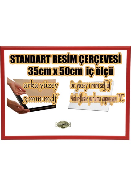 MİXEFOR Boş Çerçeve - 35CM x 50CM Iç Ölçü -Renk KIRMIZI -Arka Yüzey 3mm Mdf- Ön yüzey Kırılmaz parlama yapmayan Antireflektif