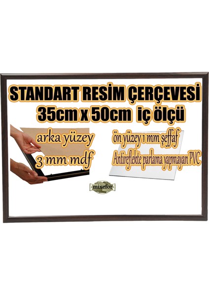 MİXEFOR Boş Çerçeve - 35CM x 50CM Iç Ölçü -Renk KOYU KAHVE -Arka Yüzey 3mm Mdf- Ön yüzey Kırılmaz parlama yapmayan Antireflektif