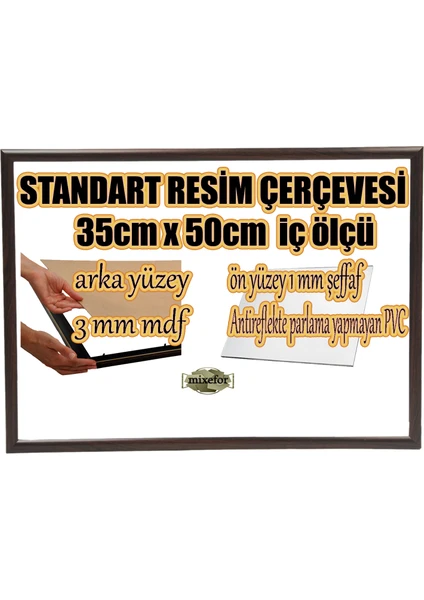 MİXEFOR Boş Çerçeve - 35CM x 50CM Iç Ölçü -Renk KOYU KAHVE -Arka Yüzey 3mm Mdf-  Ön yüzey  Kırılmaz  parlama yapmayan Antireflektif