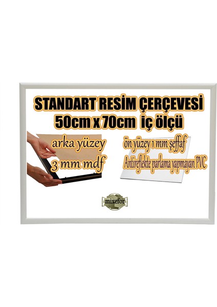 MİXEFOR Boş Çerçeve - 50CM x 70CM Iç Ölçü-Renk BEYAZ Arka Yüzey 3 mm Mdf- Ön yüzey Kırılmaz parlama yapmayan Antireflektif