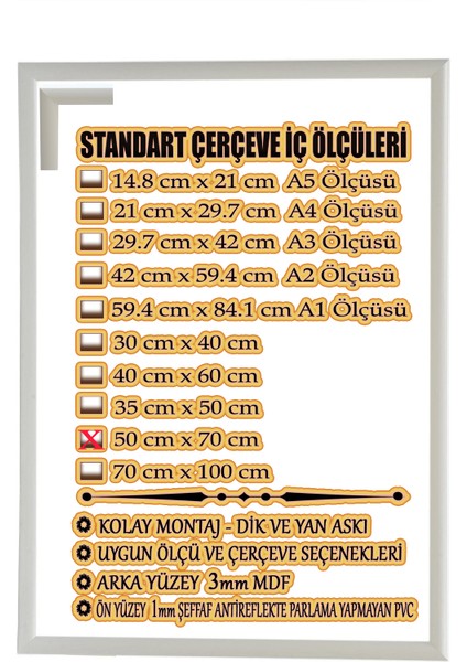 MİXEFOR Boş Çerçeve - 50CM x 70CM Iç Ölçü-Renk BEYAZ Arka Yüzey 3 mm Mdf- Ön yüzey Kırılmaz parlama yapmayan Antireflektif