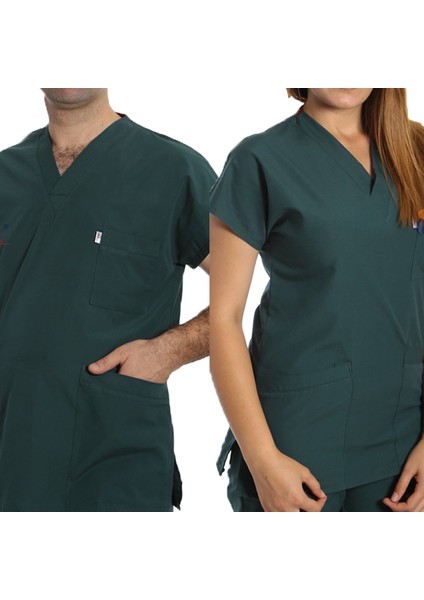 Avcı Yeşil Likralı Scrubs Hemşire Forması Doktor Nöbet Üniforması