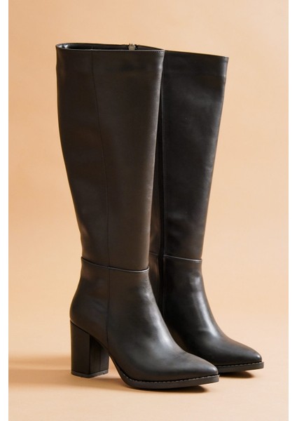 Kleo Siyah Deri Topuklu Yanı Fermuarlı Günlük Kullanım Çizme fırsatları