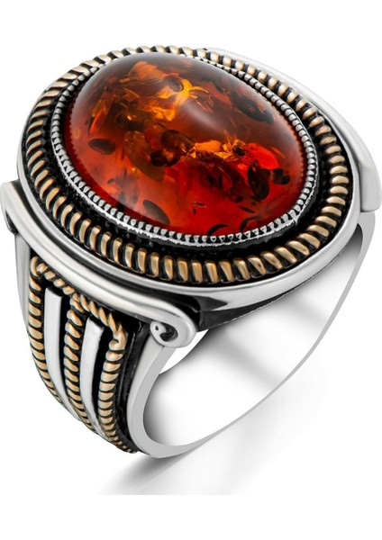 925 Ayar Gümüş Kehribar Taşlı Erkek Yüzük