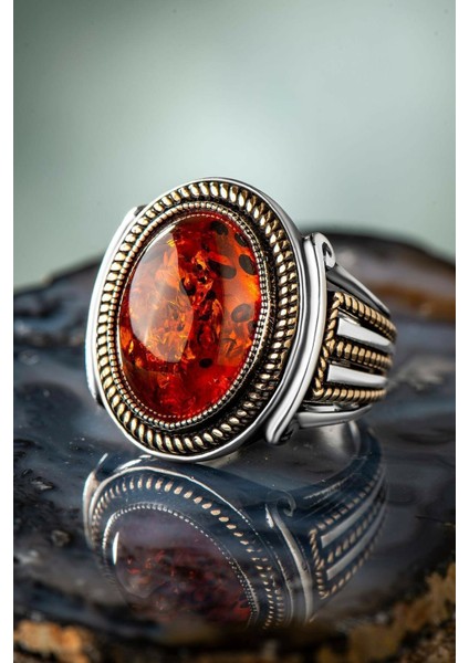 925 Ayar Gümüş Kehribar Taşlı Erkek Yüzük fiyatları