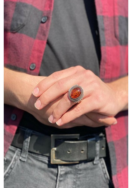 925 Ayar Gümüş Kehribar Taşlı Erkek Yüzük modelleri