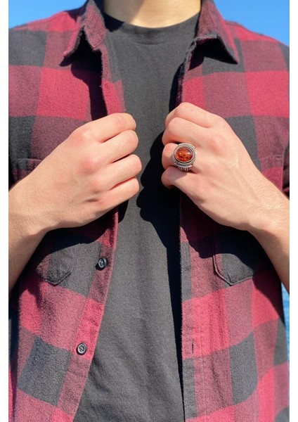 925 Ayar Gümüş Kehribar Taşlı Erkek Yüzük fırsatları