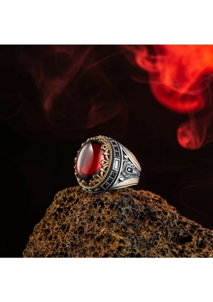 Gümüş Mini Zirkon Taş Detaylı Kırmızı Akik Taşlı Yüzük fiyatları