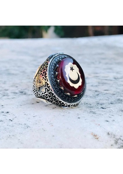 925 Ayar Gümüş Kehribar Taş Üzeri Ayyıldız Motifli Usta İşi Kalem Erkek Yüzük