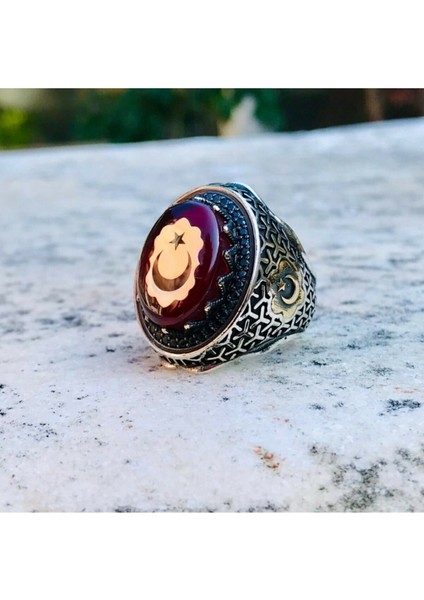 925 Ayar Gümüş Kehribar Taş Üzeri Ayyıldız Motifli Usta İşi Kalem Erkek Yüzük fiyatları