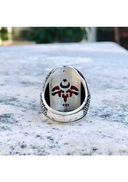 925 Ayar Gümüş Kehribar Taş Üzeri Ayyıldız Motifli Usta İşi Kalem Erkek Yüzük fırsatları