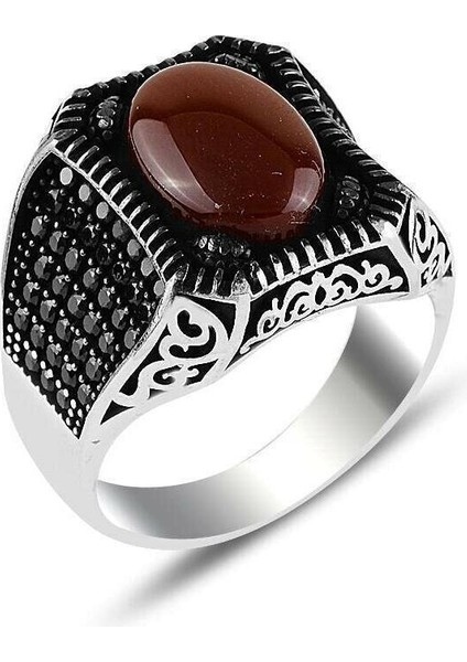 Bordo Akik Taşlı Kare Kasa Mikro Taş İşlemeli Gümüş Erkek Yüzük