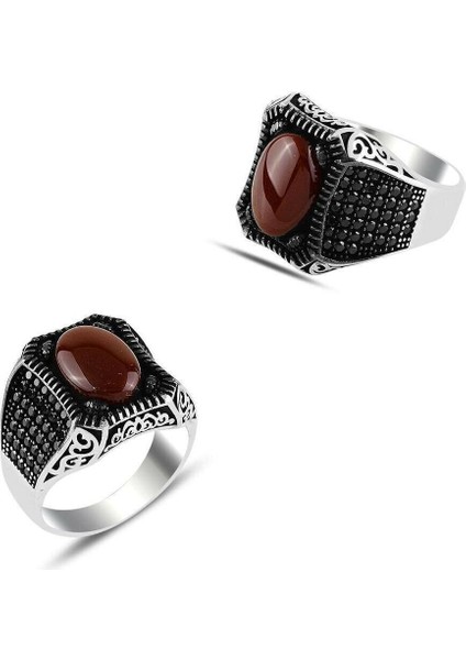 Bordo Akik Taşlı Kare Kasa Mikro Taş İşlemeli Gümüş Erkek Yüzük fiyatları