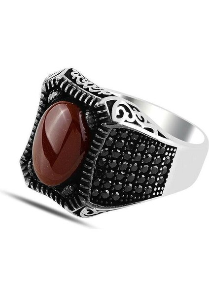 Bordo Akik Taşlı Kare Kasa Mikro Taş İşlemeli Gümüş Erkek Yüzük modelleri