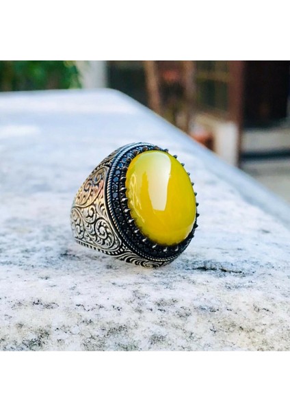 925 Ayar Gümüş Sarı Akik Taşlı Usta İşi Kalem Motifli Erkek Yüzük