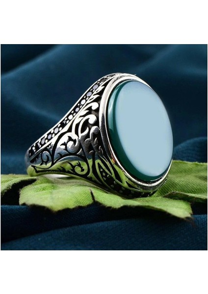 Yeşil Akik Taşlı Mini Siyah Zirkon Taş Süslemeli Gümüş Erkek Yüzük fiyatları