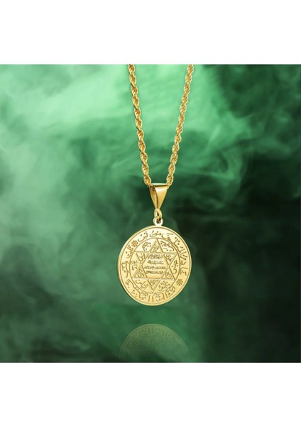 Altın Renk Süleyman Mührü ve Ayetel Kursi Gümüş Kolye