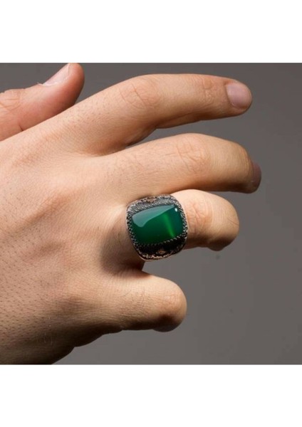 925 Ayar Gümüş Yeşil Akik Taşlı Tuğra Süslemeli Erkek Yüzük fiyatları