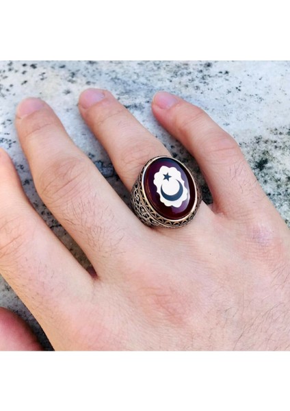 925 Ayar Gümüş Kehribar Taş Üzeri Ayyıldız Motifli Usta İşi Erkek Yüzük modelleri