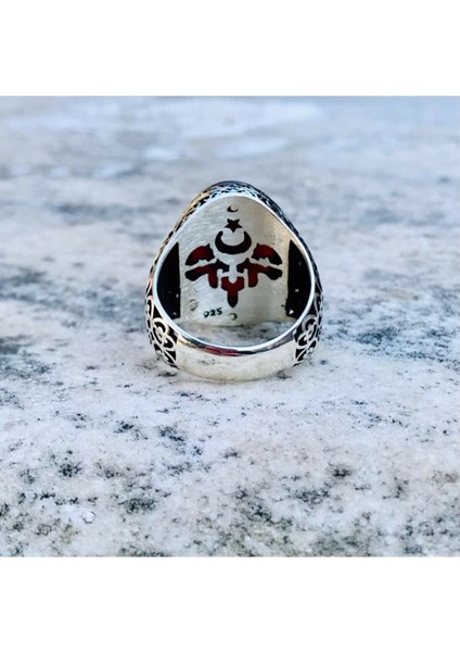 925 Ayar Gümüş Kehribar Taş Üzeri Ayyıldız Motifli Usta İşi Erkek Yüzük fırsatları