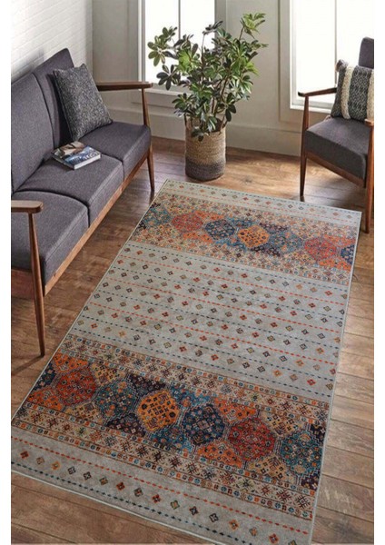 Dijital Baskılı Kaymaz Dot Taban Makinede Yıkanabilir Krem Kilim Desenli Halı YOLLUK-D653