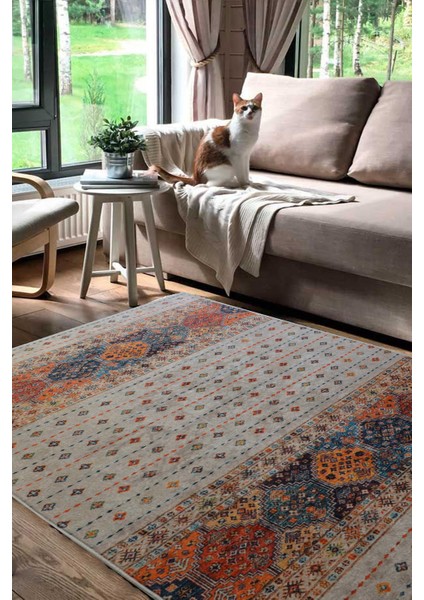 Dijital Baskılı Kaymaz Dot Taban Makinede Yıkanabilir Krem Kilim Desenli Halı YOLLUK-D653