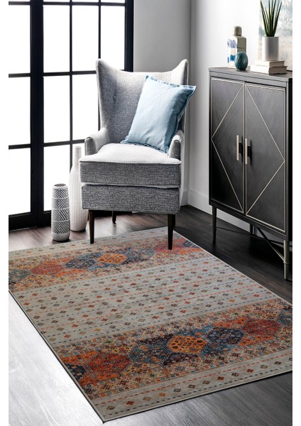 Dijital Baskılı Kaymaz Dot Taban Makinede Yıkanabilir Krem Kilim Desenli Halı YOLLUK-D653