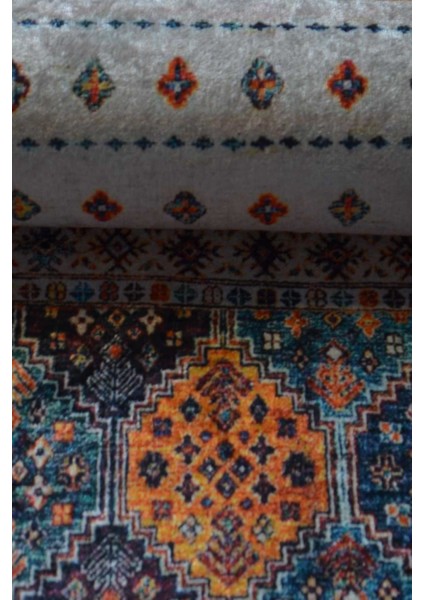 Dijital Baskılı Kaymaz Dot Taban Makinede Yıkanabilir Krem Kilim Desenli Halı YOLLUK-D653