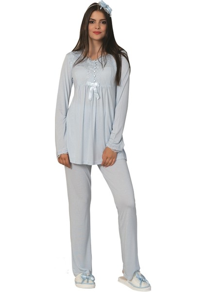 Kadın 5 Parça Mavi Pijama Gecelik Sabahlık Lohusa Set 1924