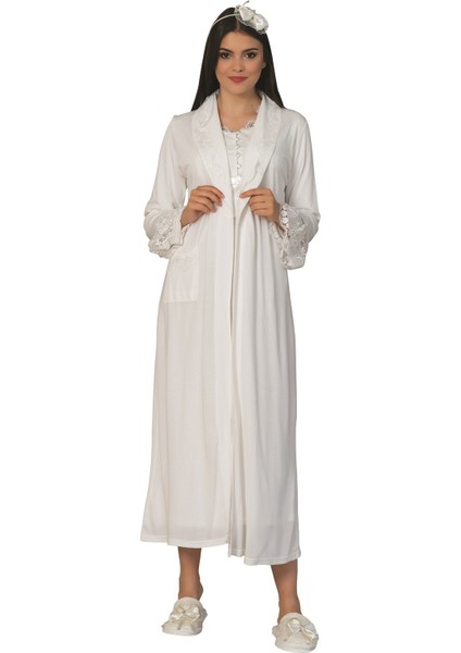Kadın 5 Parça Ekru Pijama Gecelik Sabahlık Lohusa Set 1924