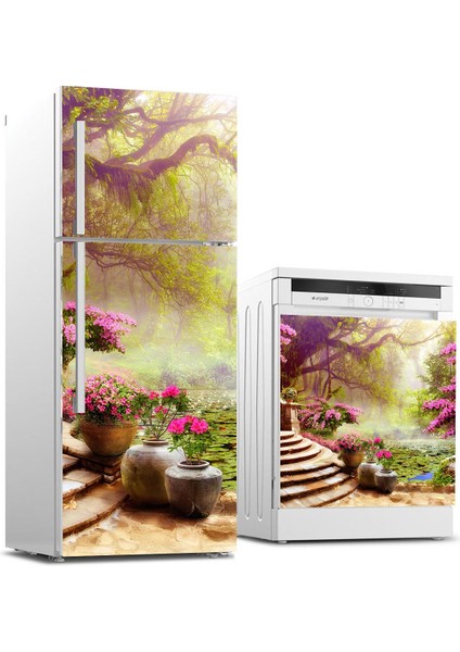 Buzdolabı ve Bulaşık Makinası Beyaz Eşya Sticker Kaplama 3D Bahçe