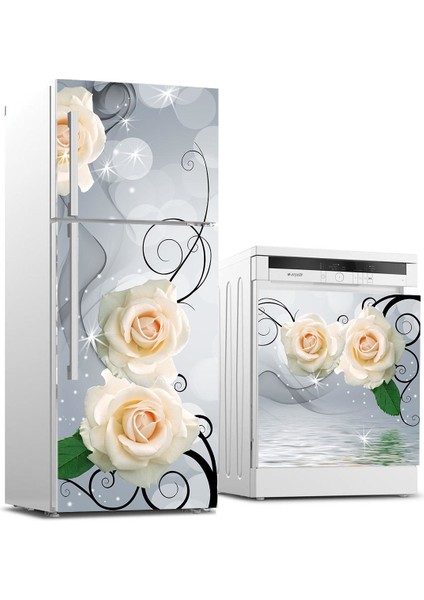 Buzdolabı ve Bulaşık Makinası Beyaz Eşya Sticker Kaplama 3D Bej Gül