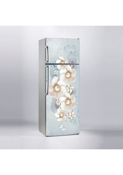 Buzdolabı Sticker Kaplama Dolap Kaplama Etiketi 3D Beyaz Çiçekler